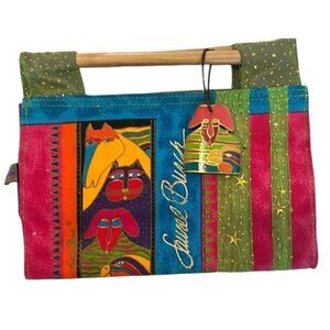 Laurel Birch small bag wood handle bird dog cat horse design wood dog tag EUC